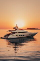 Fototapeta na wymiar Yacht ship at sunset. Luxury boat at sunset. Boat on the beach. Luxury yacht at sunset. Boat on the water. 