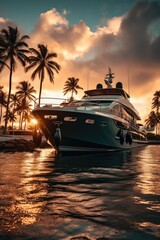 Obraz na płótnie Canvas Yacht ship at sunset. Luxury boat at sunset. Boat on the beach. Luxury yacht at sunset. Boat on the water. 