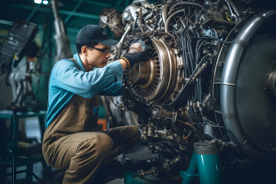 Specialist mechanic repairs the maintenance of a large engine of a passenger aircraft in a aviation hangar. Generative AI