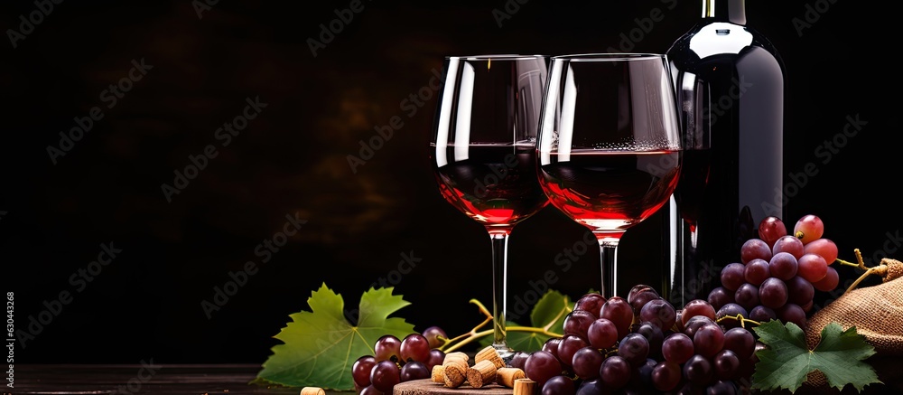 Poster glasses of wine with grapes and corks on a dark background, with room for text.