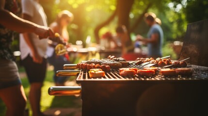 A group of people at a barbecue at sunset. Summer vacation. Grilled vegetables. Dinner on the grill. Tasty juicy meat cooked on the grill. Holiday