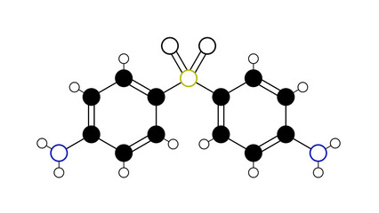 dapsone molecule, structural chemical formula, ball-and-stick model, isolated image antimycobacterials