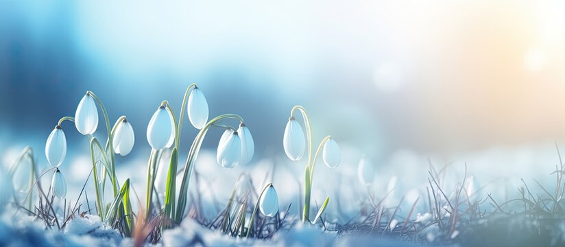 The background is a light blue color with a soft focus blur and features a spring snowdrop flower.