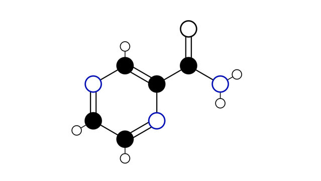 pyrazinamide molecule, structural chemical formula, ball-and-stick model, isolated image antituberculosis agents