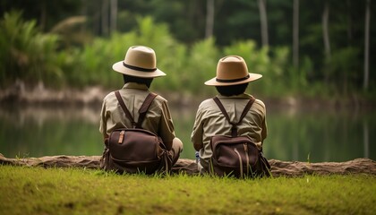 Two Young Asian Scouts Sitting on a Riverside Generative AI