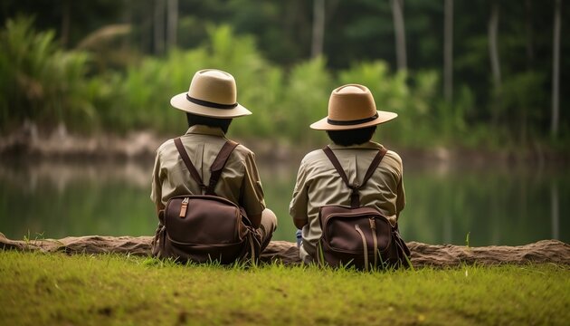 Two Young Asian Scouts Sitting on a Riverside Generative AI