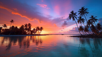 Fototapeta na wymiar palm trees at sunset in a maldives beach from behind, in the style of light turquoise and violet, romantic riverscapes, aerial photography, light crimson and orange, serene oceanic vistas