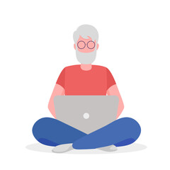 An old man with a bear sitting and working on the computer. Vector illustration in flat style. Isolated on white background.