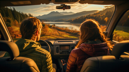 Couple enjoying a scenic drive on a road trip