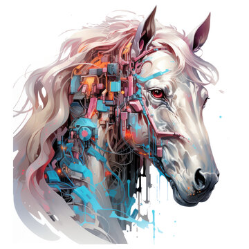 A futuristic horse t-shirt design, envisioned as a digital artwork inspired by cyberpunk aesthetics, Generative Ai