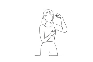 Fototapeta na wymiar A woman makes a pose battling breast cancer. Breast cancer awareness month one-line drawing