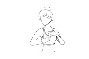 A woman protects her breast health. Breast cancer awareness month one-line drawing