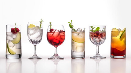variety of cocktail drinks  on white background with space for text, copy space, Created using generative AI tools.