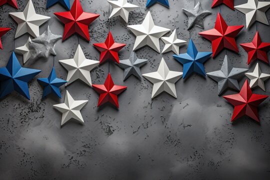 Five-pointed stars in the colors of the American flag on a light cement gray background. patriot's day concept. free space for text For your design.