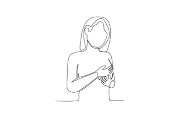 Fototapeta na wymiar A woman holding one side of her breast. Breast cancer awareness month one-line drawing