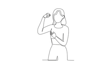 Fototapeta na wymiar A woman holds a breast while clenching her fists. Breast cancer awareness month one-line drawing