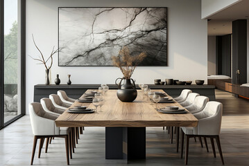 Wooden dining table in modern living room