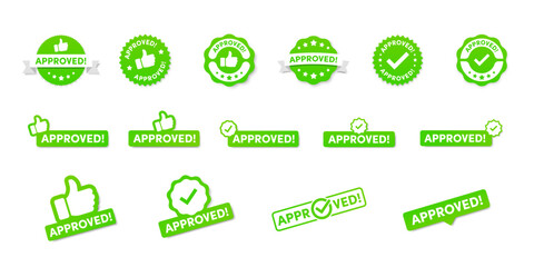 Green approved badge icons, approved icons set - obrazy, fototapety, plakaty