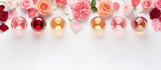 A variety of different shades of rose wine are arranged in glasses on a white background, along with a spring blossom flower. This top-view flat-lay image is ideal for wine shops, bars, tastings,