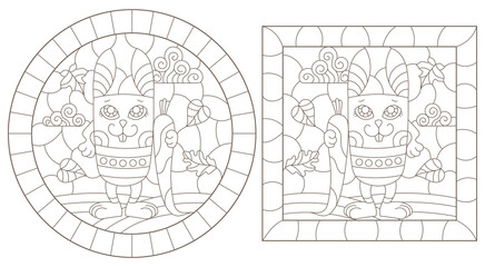 A set of contour illustrations in the style of stained glass with cute cartoon rabbits, dark contours on a white background