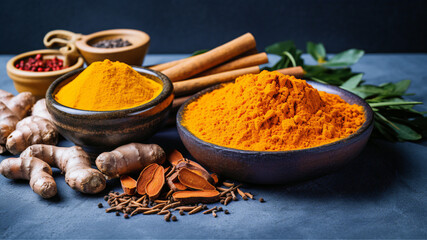 Turmeric and other herbal medicinal substances on a blue background, in the style of vibrant academia.
