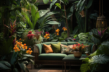 living room with many green plants and green comfortable sofa and lots of pillows  - Powered by Adobe