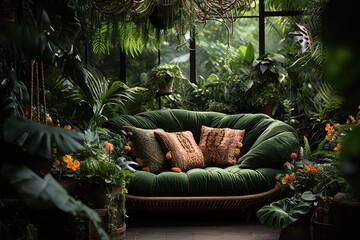 Living room with green sofa near panoramic windows and many green plants. 