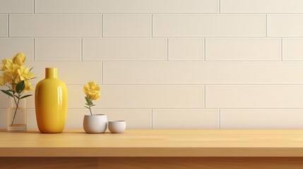 Fototapeta na wymiar Minimal cozy counter mockup design for product presentation background. Branding in Japan style with bright wood counter and white tile yellow. wall with vase plant pot. Kitchen interior generative ai