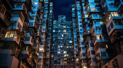 Obraz premium Overcrowded residential towers in a housing estate in Quarry Bay, Hong Kong. Crowded narrow apartments in a community in HK, generative ai