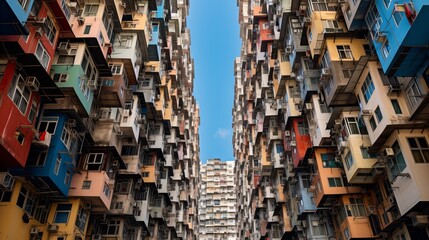 Overcrowded residential towers in a housing estate in Quarry Bay, Hong Kong. Crowded narrow apartments in a community in HK, generative ai - obrazy, fototapety, plakaty