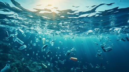 Fototapeta na wymiar Plastic water bottles pollution in ocean (Environment concept) generative ai
