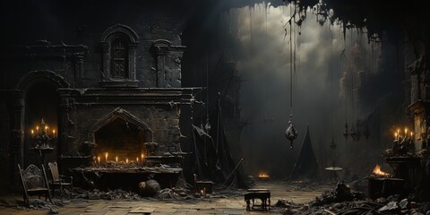 Generative AI, gothic ruined black interior and landscape  in the style of gloomy fantasy