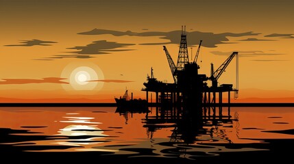 Fototapeta premium Silhouette of offshore oil drilling rig generative ai