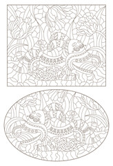 A set of contour illustrations in the style of stained glass with an abstract cartoon dog, dark contours on a white background