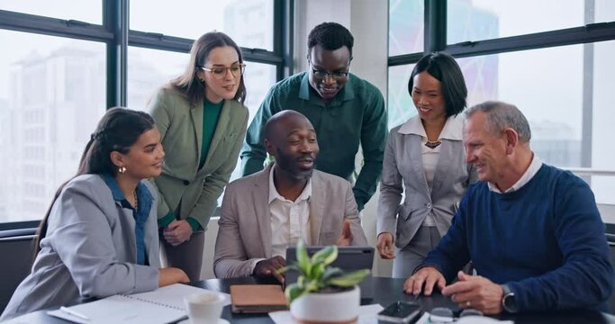 Business people, tablet and meeting in office with team for project update, feedback or planning data. Diversity, group collaboration and happy corporate manager brainstorming with digital technology