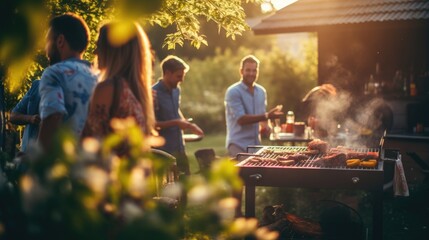 A group of people at a barbecue at sunset. Summer vacation. Grilled vegetables. Dinner on the grill. Tasty juicy meat cooked on the grill. Holiday