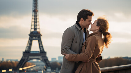 couple kissing in paris near eiffel tower. romantic scene
