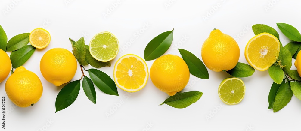 Poster the picture shows a top view of fresh organic yellow lemon lime fruit with a sliced fruit and green 