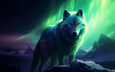 Northern Lights Wolf. AI