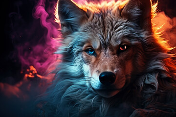 Naklejka premium Aggressive mystical angry wolf on a dark background with smoke and fire