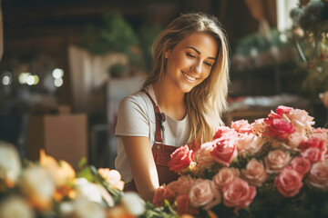 Beautiful woman florist creating bouquet of roses in flower shop. Small business. 