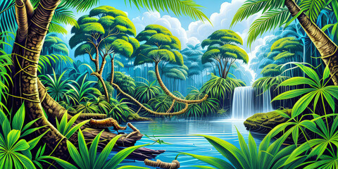 Landscape Illustration Island Fantasy 3D Realistic Jungle Environment With Waterfall
