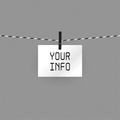 Vector illustration for your text on a white piece of paper attached with a black clothespin to a striped stretched rope, on textured gray background