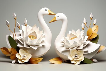Elegant 3d Design White and Golden Floral Ornament with Flowers and Duck illustration Background. 3D Abstraction Interior Mural Wallpaper for Home Wall Decor. Generate, Generative AI