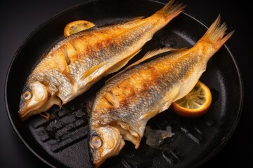 grilled fish on a plate with lemon
