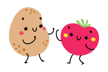 Funny Tomato and Potato Vegetable Character with Cute Smiling Face Vector Illustration