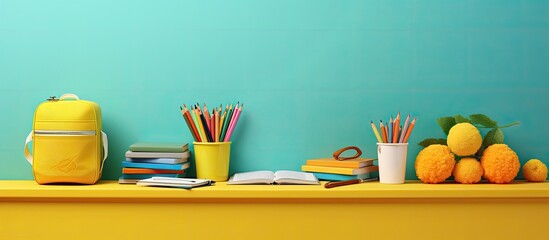 Printable horizontal banner for web design with a back-to-school theme. Features a bright flat style and includes space for text. Contains a collection of school supplies. Represents an educational