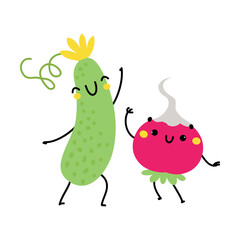 Funny Cucumber and Radish Vegetable Character Dancing with Cute Smiling Face Vector Illustration