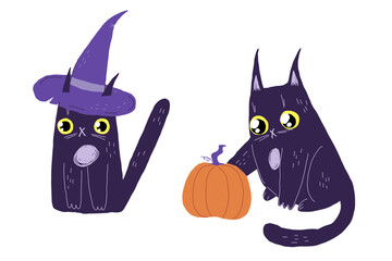 Halloween black cat in witch hat with pumpkin. Cartoon cat characters. October autumn kitten. Stock vector flat cartoon hand drawn illustration on a white background.