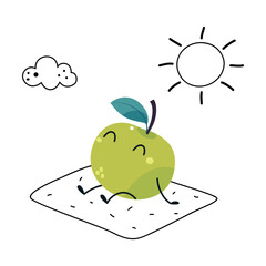 Funny Green Apple Fruit Character Sunbathing Enjoying Vacation Vector Illustration